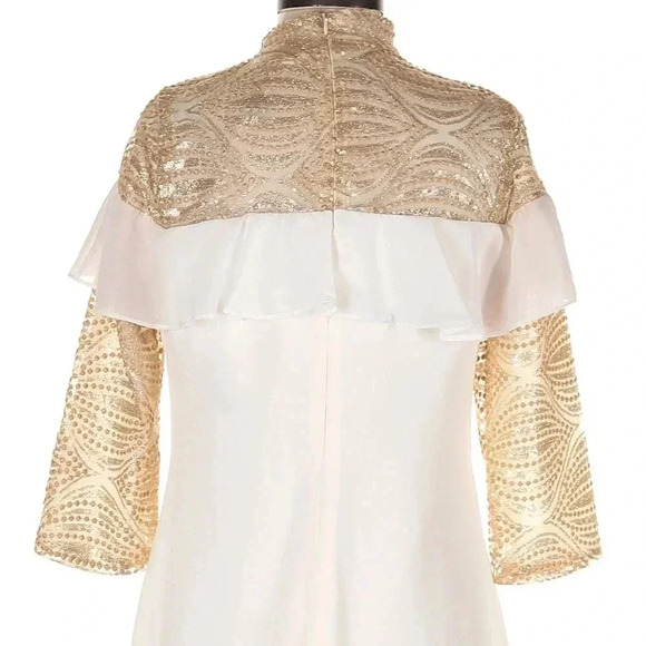 Roberta Biagi Gold Sequins 3/4 Sleeves Cocktail Ruffle Designer Dress Size S NWT - Picture 4 of 7